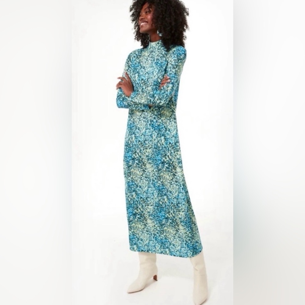 Blue Patterned Long Sleeve Maxi Dress